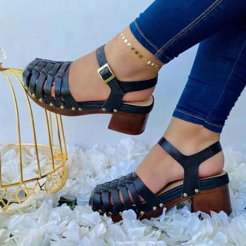 Cyflymder  High Heel Sandal for Women Female Shoe Large Size High-heeled Retro Girls Low Comfort Big 2025 Beige Closed Fabric PU Rubber Sol