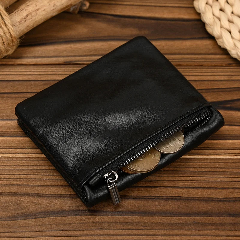 Cyflymder Genuine Leather Short Wallet Bifold Card Holder Short Purse Male Cow Leather Men's Coin Wallet Real Cowskin Zipper Wallet