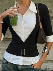 Cyflymder   Vintage Fake Two Piece Patchwork Turn Down Collar Half Sleeve Slim-waist Temperament Women Shirt