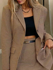 Cyflymder  Autumn Fashion Mini Skirt Two Piece Set Thousand Bird Grid Long Sleeved Blazer Suit Professional Slim Temperament Women's Outfit