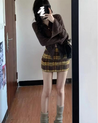 Cyflymder trashy outfits Two Piece Sets Womens Skirt Outfits Roupas Femme Slim Waist Vintage Knitted Sweater High Waist Plaid Bodycon Mini Skirt Set