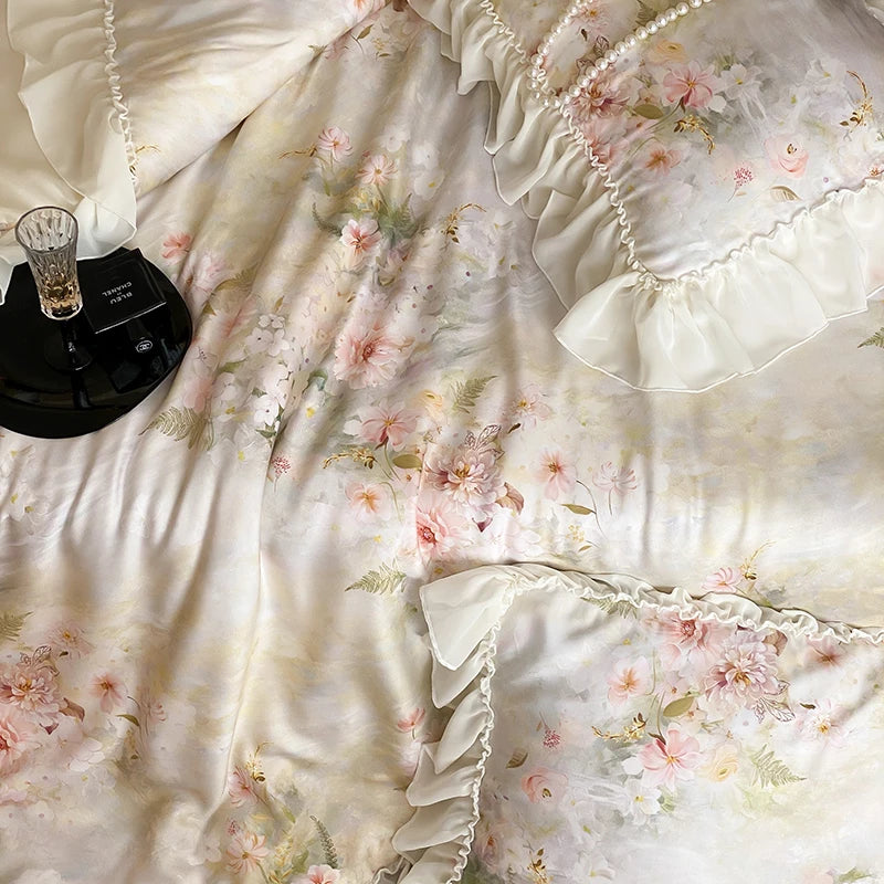 Cyflymder  Flower Prints Lace Ruffles Princess Bedding Set Lyocell Bamboo Fiber Soft Silky Cool Feeling Duvet Cover Bed Sheet Pillowcases