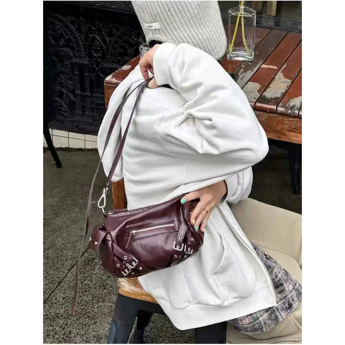 Cyflymder  Vintage Hot Girl Crossbody Bag Women Studded Punk Shoulder Bag Ladies Durable Leather Large Capacity Cylinder Bowling Bag Y2k