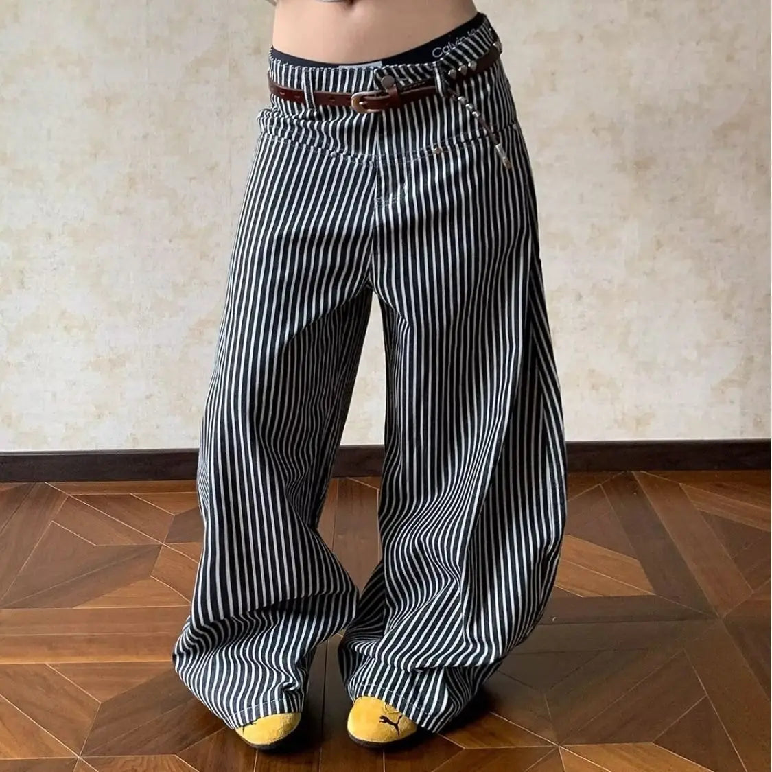 Cyflymder   Fashion Low Waist Striped Casual Pants Women Loose Straight Wide-leg Pants Trousers