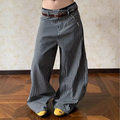 Cyflymder   Fashion Low Waist Striped Casual Pants Women Loose Straight Wide-leg Pants Trousers