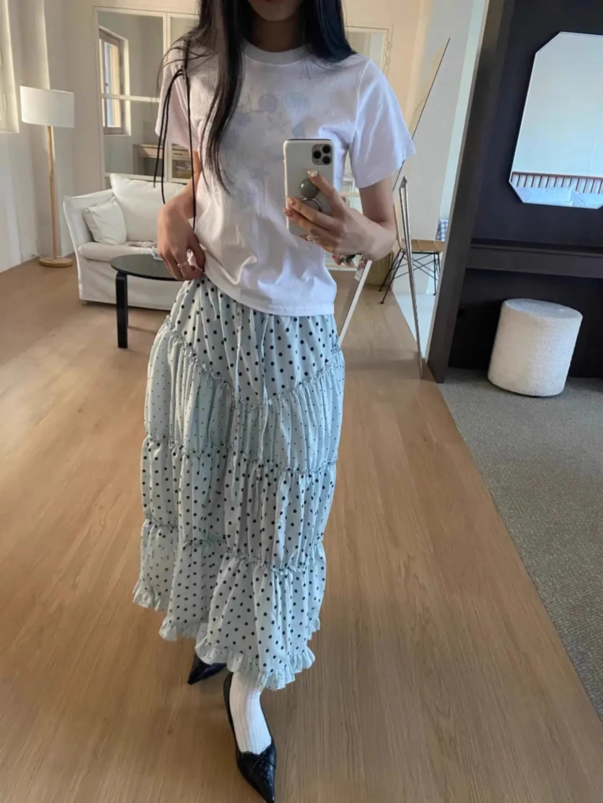 Cyflymder  Oxygen Girl Retro Polka Dot f-length Skirt with Pleated Lace Elastic Waist A-line Mid-length Commute Sle Summer 2025