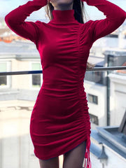 Cyflymder  Velvet Sexy Hot Girl Drawstring Solid Glamorous Dresses Bodycon High Waist Turtleneck Fashion Street Club Date Outfits