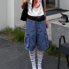 Cyflymder   American Retro Washing Water Big Pocket Cargo Denim Five-point Pants Women Summer New Loose Wide-leg Straight Pants
