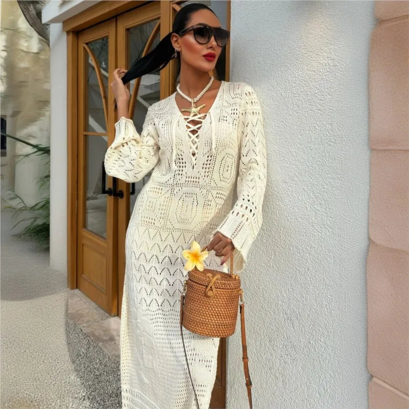 Cyflymder  Sexy Women Knit Beach Dress Hollow-Out V-Neck Long Sleeve Bikini Cover-Ups Dress Holiday Dress Summer Swimwear Beach
