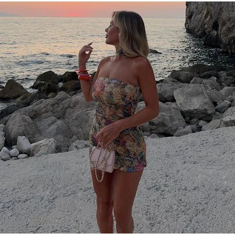 Cyflymder  Sexy Print Sequined Women Dress Beach Sleeveless Backless Hip Package Zippers Dresses 2025 Summer Fashion Lady Streetwears