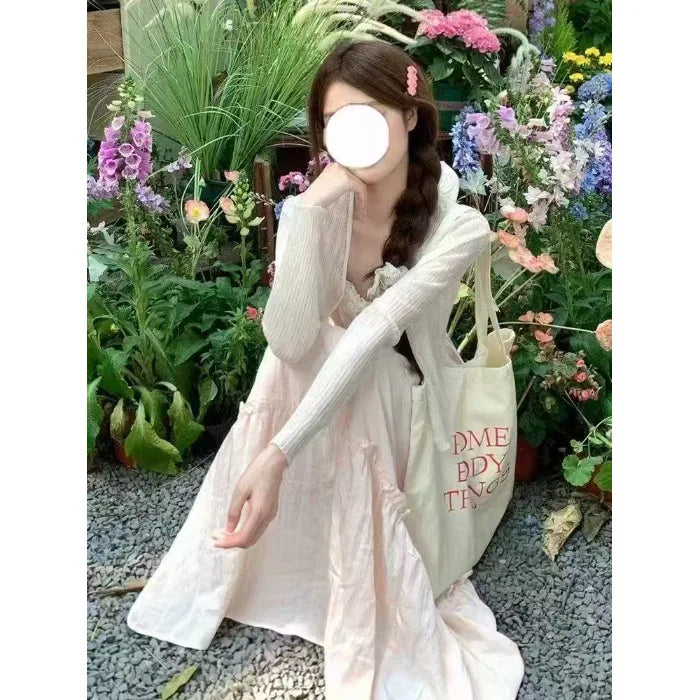 Cyflymder  French Lace Splice Pink Strap Dress Summer Vacation Style Gentle Long Dress Minimalist Young Two-Piece Set High Waist A- Line