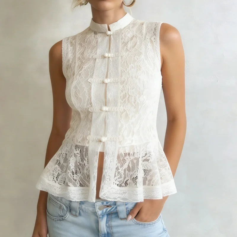 Cyflymder  Womens Ruffle Trim Lace Mandarin Collar Guipure Split Tank Top Sleeveless Shirt Blouses Vests Y2K Streetwear