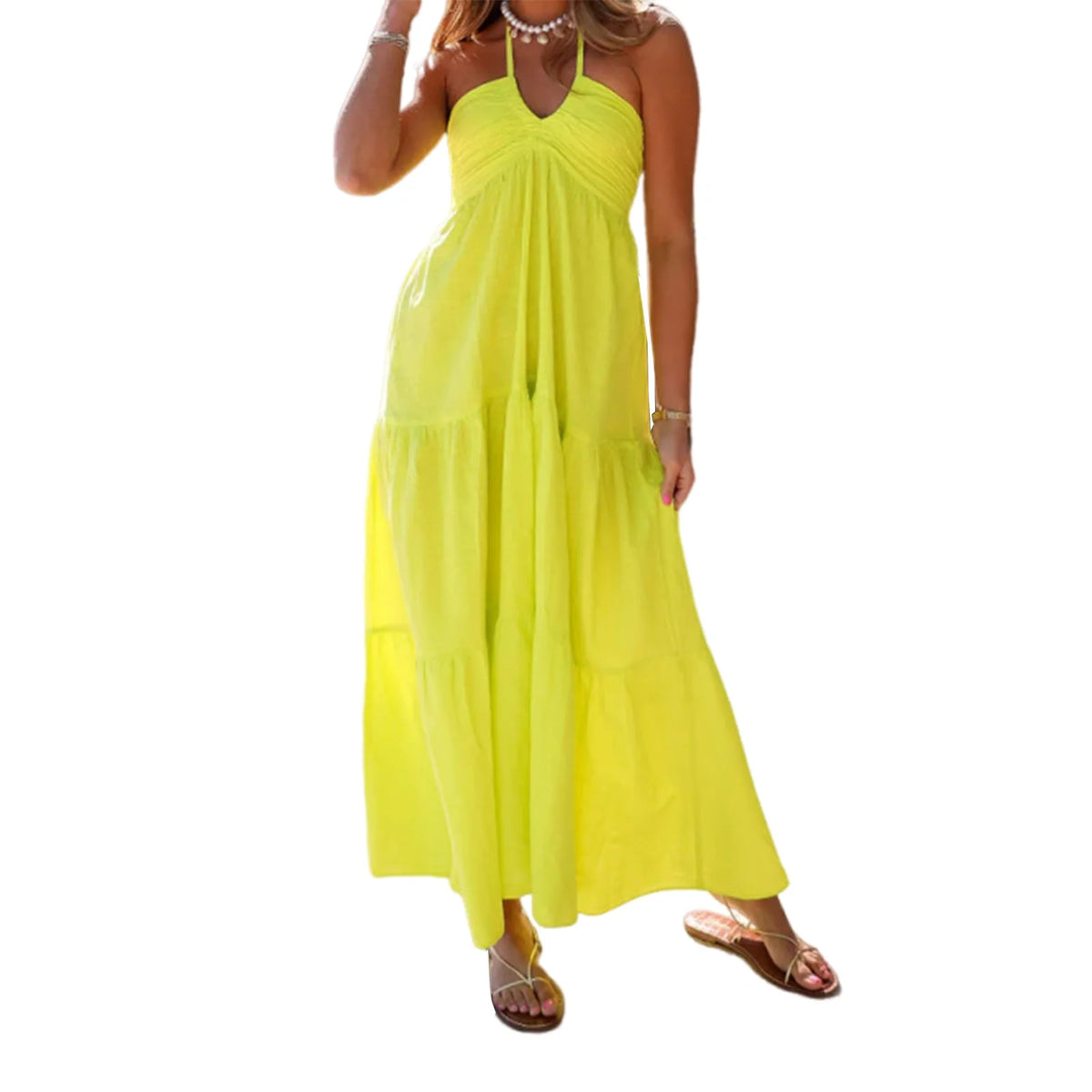 Cyflymder  Elegant Sleeveless V-Neck Maxi Dress with Floral Print and Ruffle Hem for Summer Beach Wedding Party Vacation Wear
