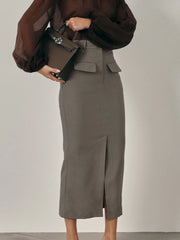 Cyflymder  Commuting Maxi Skirt Women Belt High Waist Slim Solid Patchwork Pocket Split Straight-Leg Outfit Female 2026 Maxi Skirts