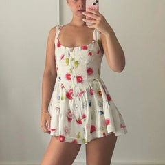 Cyflymder  Women's Y2K Summer Mini Cami Dress Sleeveless Vacation Low Cut Button Up Flower Print Beach Dress