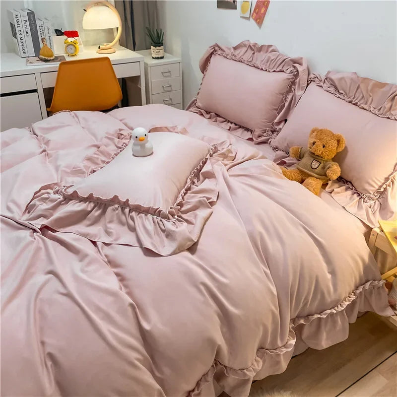 Cyflymder  Korean Solid Pure Cotton Bed Skirt Bedding Sets Washed Cotton Comforter Set with Lace Princess Soft and Skin-Friendly Bedclothes