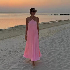 Cyflymder  Summer New Loose Sleeveless Wrap Chest Dress Polyester Fabric Pleated Pure Color Midi Skirt Style Comfortable Independent Sta...