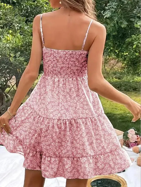 Cyflymder  French Floral Dress for Women's Summer Elegant Ruffle Hem A-line Strap Dress Fashion Female Clothes
