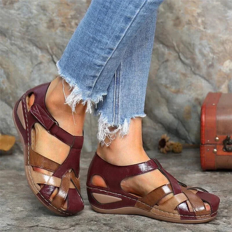 Cyflymder  Newly Lollita Orthopedic Plus Sandals PU Leather Retro Arch Support Comfy Round Toe Sandals for Women Toe Protection Design