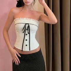 Cyflymder  French Sweet Spice Girl Summer Strapless Camisole Y2k Spliced Lace Edge Constrast Color Bow Tank Tops Punk Women Streetwear