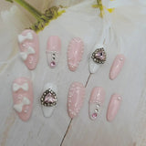Cyflymder Handmade Custom Made False Nail Art With Pearls And Nows Wearable Nail Pink Almond Style Section Patch Removable Girl Fake Nail