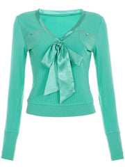 Cyflymder   Y2k Sexy Slim V Neck Long Sleeve Lace-up Pockets Autumn Casual Knitted  Top Female