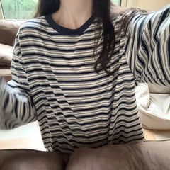 Cyflymder  Striped T-shirts Women O-Neck Long Sleeve Loose Navy Blue Tops Tee Bottoming Tshirts