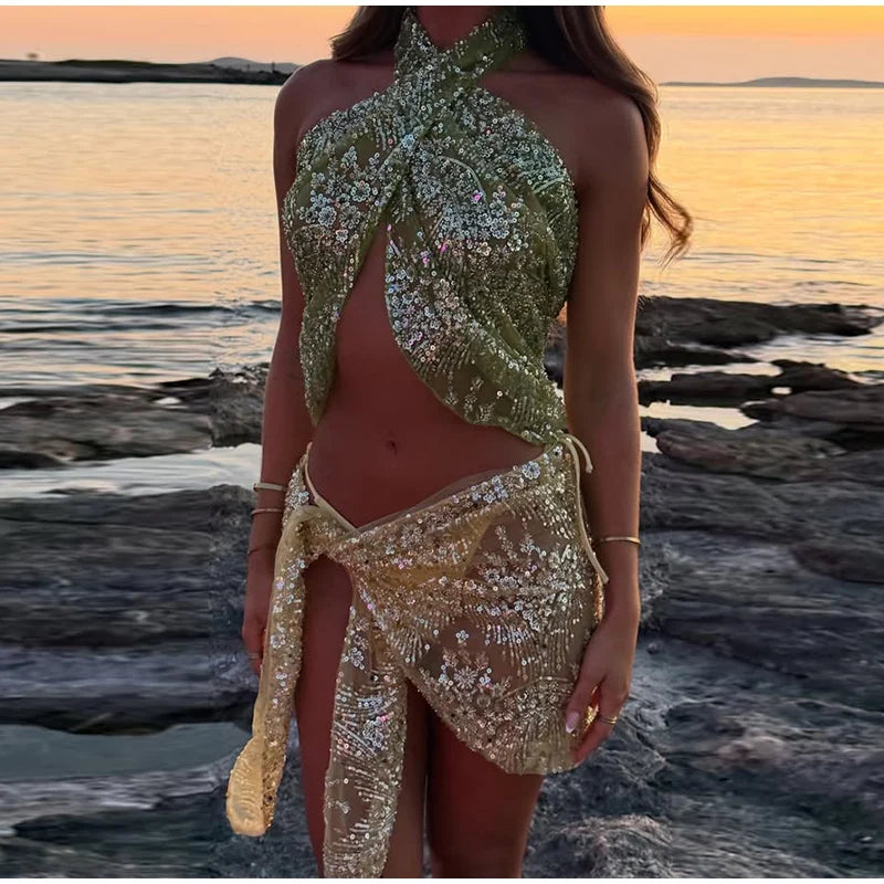 Cyflymder  Bead Embroidery Vest Lace Up Skirt Women Sequins Halter Backless Tank Tops Sexy Mini Skirt Seaside Street See Through Evening