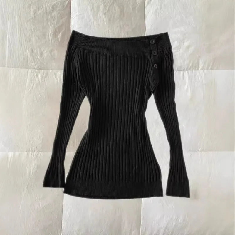 Cyflymder  Fashion American Vintage Slash Neck Knitted Sweaters Y2k Solid Simple French Streetwear Pullover Casual Autumn Women Clothes