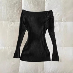 Cyflymder  Fashion American Vintage Slash Neck Knitted Sweaters Y2k Solid Simple French Streetwear Pullover Casual Autumn Women Clothes