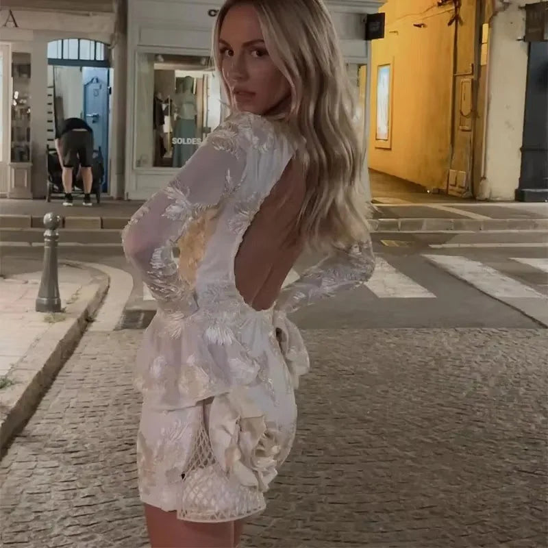 Cyflymder  Sexy Backless Floral Mesh Mini Dress Women Elegant Flared Sleeve Bodycon Party Dresses Fashion Slim Fit Embroidered Short Dress