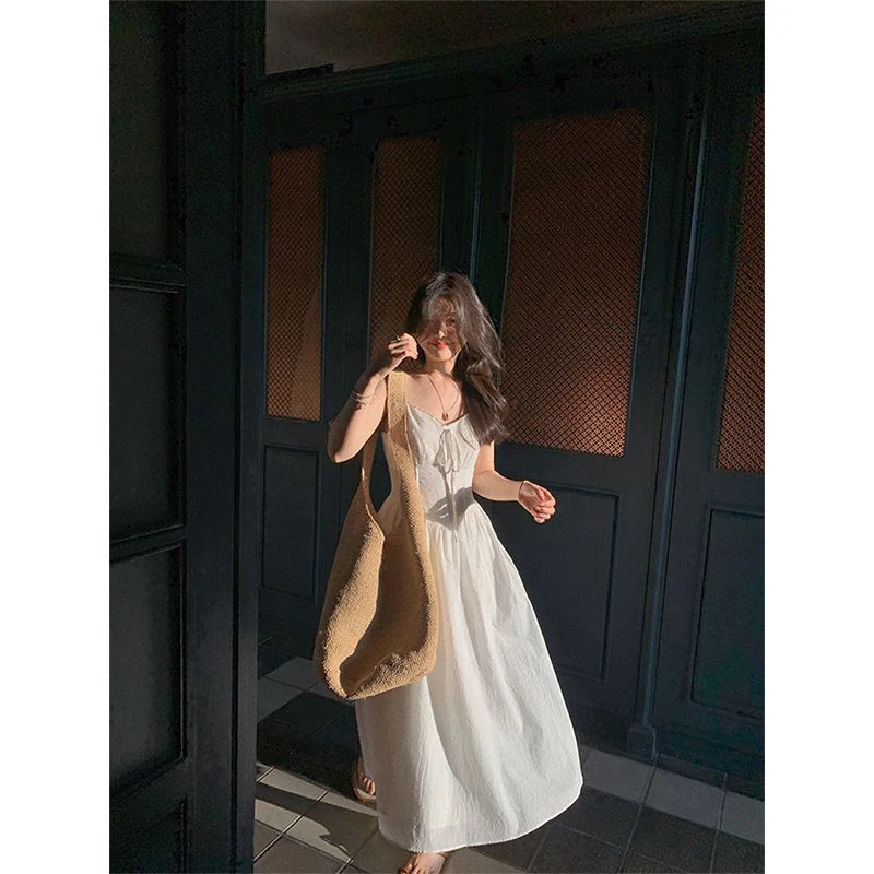 Cyflymder  Fairy White Midi Dress Women Fashion Vacation Beach Spaghetti Strap Dresses Summer Korean V Neck Lace Up Bodycon A Line Vestidos