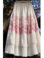 Cyflymder  Vintage A-line Casual Skirt Women Spring Summer Sweet Chic Splice Lace Pig Print Big Swing Elastic Waist Skirts Cute 272B