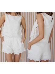Cyflymder  Women s Summer Embroidered Sleeveless Tank Top and Shorts Set with Round Neckline Tie-Up Detail and Side Zipper - 2 Piece