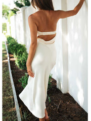 Cyflymder  Women Summer Solid Color Party Strapless Dress Sleeveless Backless Elastic Strap Silk Surface Elegant Long Dress