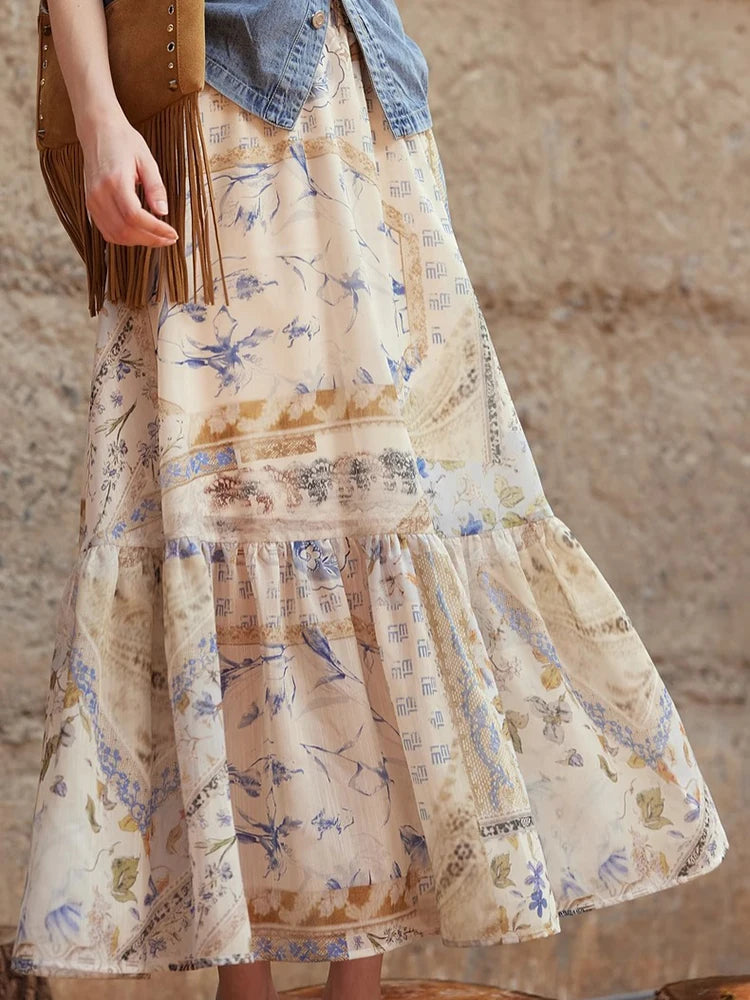 Cyflymder  Boho Vintage Print Long Skirt Women Beach Casual High Waist Loose Skirts Retro Sweet Lady High Quality A Line Long Skirts