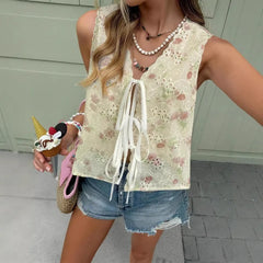 Cyflymder   New Fashion Popular Euramerican Elegant Flower Print Sleeve Shirts Y2k High Street All Match Hollow Out Thin Lace Up Clothes