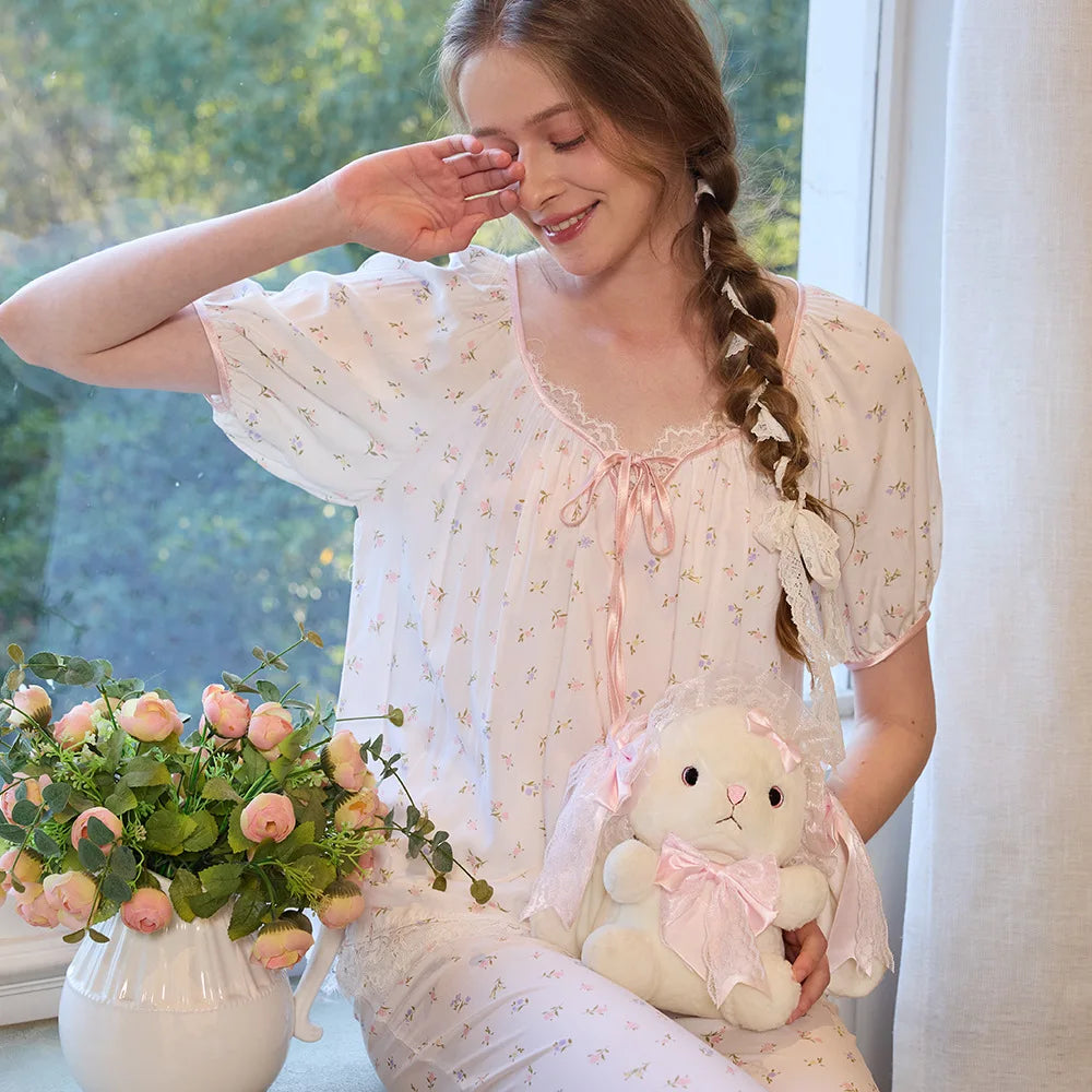 Cyflymder   Spring and Summer Little Fresh Girl Printed Pajamas Breathable Cotton and Silk Bubble Sleeves Bloomers Loungewear Set