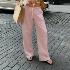 Cyflymder  Casual Homewear Pink Drawstring Pants Women Fashion Straight Leg Full Length All Match Trousers New Bottoms Trend