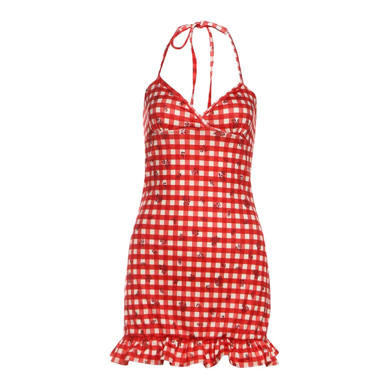 Cyflymder  Retro Red Plaid V-ne Strap Dr Women's Sweet Spicy Slimming Gored Skirt Dr Summer Casual A-line Skirt Polyester Fiber