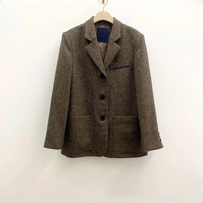 Cyflymder  French Retro Classic Suit Jacket Women Fashion Single-breasted Woolen Suit Jacket Female Fall Winter Long Sleeve Outwear Coats