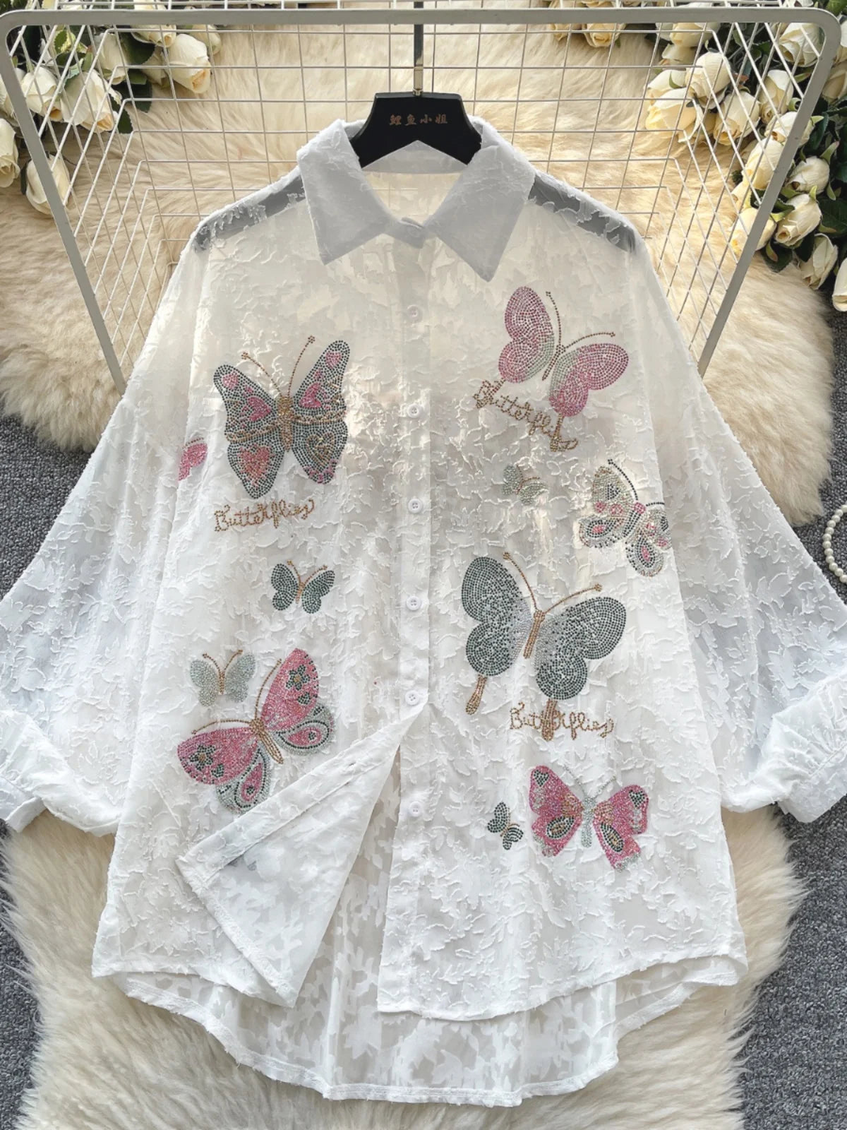 Cyflymder  Ele Vintage Bubble Sve irt Women's Loose Embroidered Me Top Spring Faionable Commute Sle Korean Version