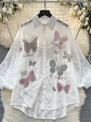 Cyflymder  Ele Vintage Bubble Sve irt Women's Loose Embroidered Me Top Spring Faionable Commute Sle Korean Version