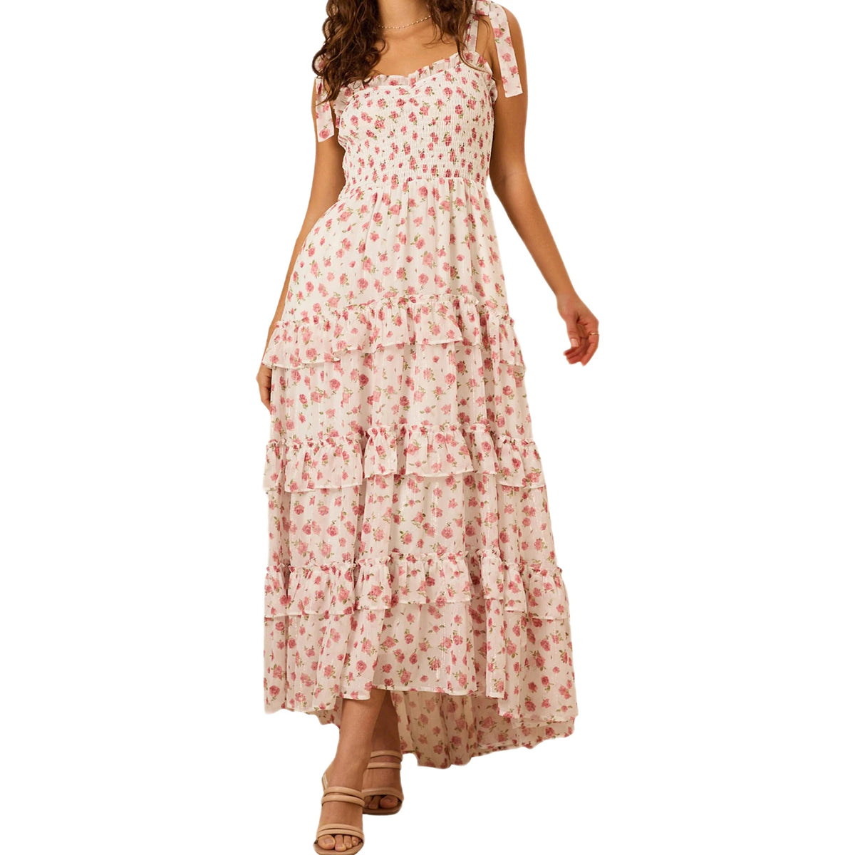Cyflymder  Women's Summer Fashion Floral Print Long Dresses Stylish Multi-Layered Ruffled Trim Smocked Sleeveless Tie-Shoulder A-Line Dress