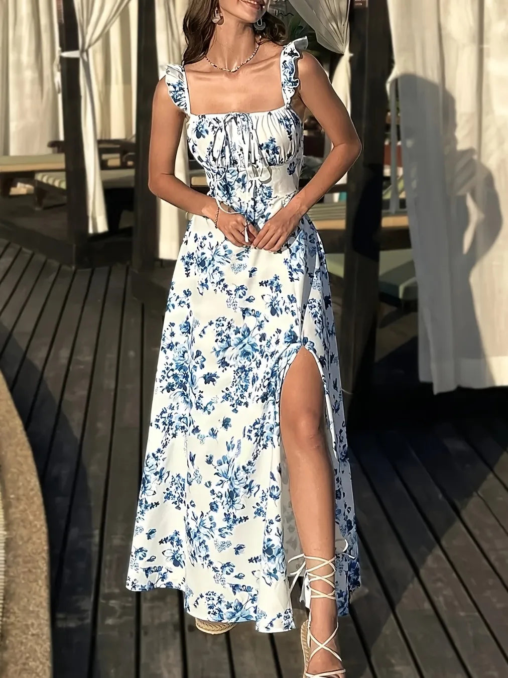 cSummer Sexy Bal Strap Long Dr Split One-oulder Print Comfortable Soft Polyester Fiber No-Sve Adjustable Waist