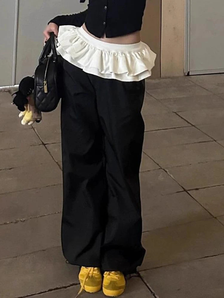 Cyflymder  Y2K Splicing Lace Black Vintage Skirt Pants Women Kawaii Patchwork Harajuku Wide Leg Baggy Sweatpants Korean Fashion Trousers