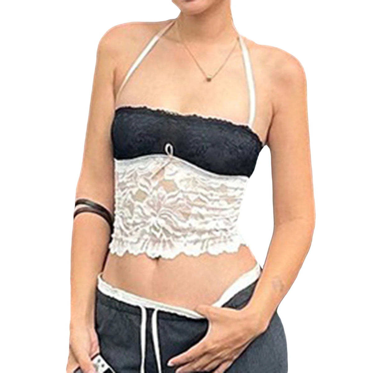 Cyflymder  Women Lace Patchwork Tank Tops Tie-Up Halter Neck Backless Casual Vests Summer Sleeveless Tops Streetwear