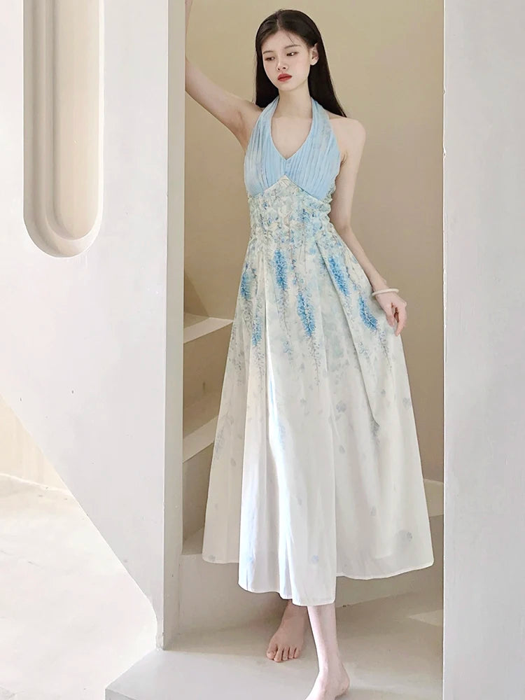 Cyflymder  Floral Sexy Halter Beach Dress Women Elegant Slim Sweet Sleeveless Vintage Long Dress Casual Retro Mesh Patchwork Vestidos