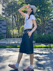 Cyflymder  Women's Pattern Stitching High Waisted Straight Shorts Girl Vintage Knee Length Trousers Summer Female Fashion Cropped Pants