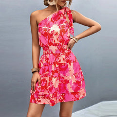 Cyflymder  Womens Floral Print One Shoulder Tiered Mini Dress Smocked Waist Sleeveless Ruffle Hem Flowy Summer Dress Party Dress For Women